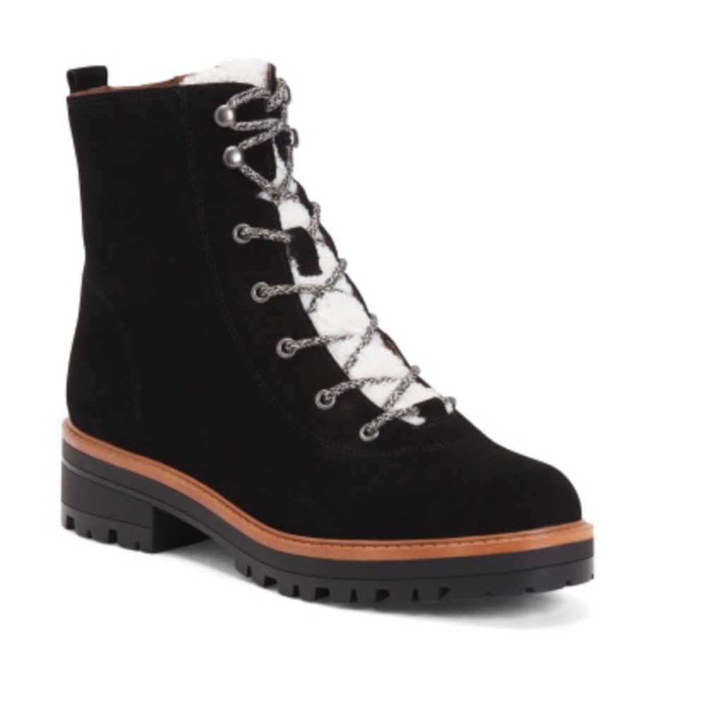 Marc Fisher Lug Sole Sherpa Boots 6.5 Black Suede
